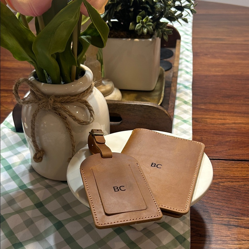 Monogrammed Tan Leather Passport Cover & Luggage Tag Set